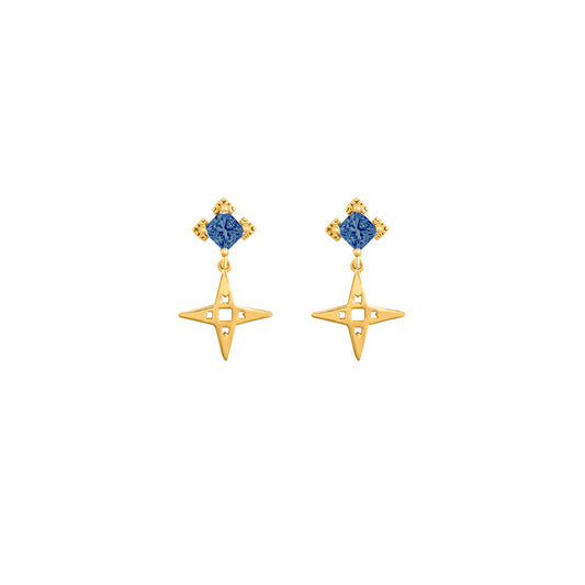 Star Stud Earrings Sapphire Blue Stone - Gold