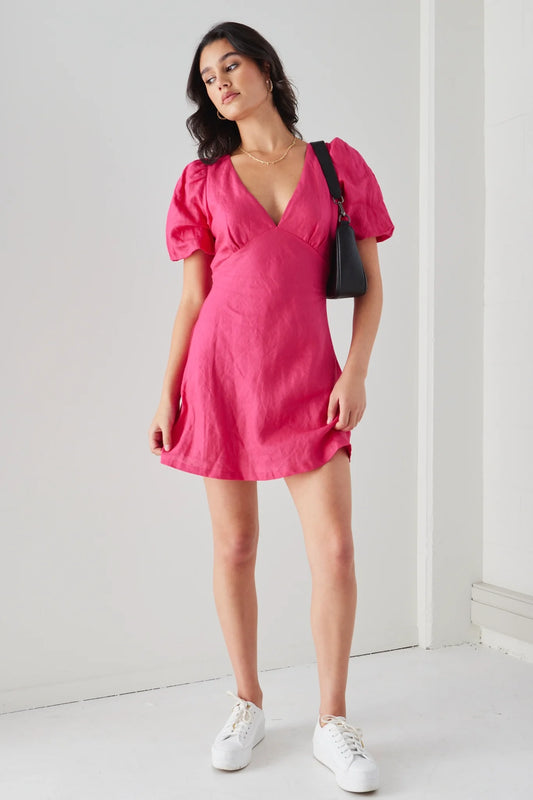 Amour Hot Pink Linen Bubble Sleeve Mini Dress