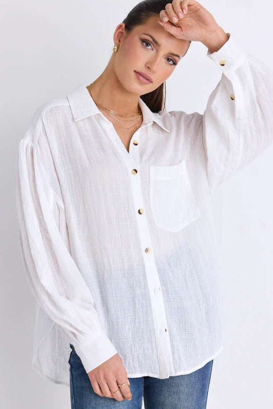 Breezy White Muslin Drop Shoulder Shirt - White