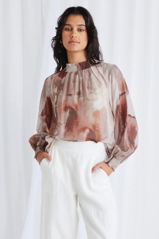 Embrace Chocolate Smudge Shirred Neck Long Sleeve Top