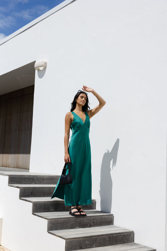 Mable Ocean Green Satin Sleeveless Empire Maxi Dress