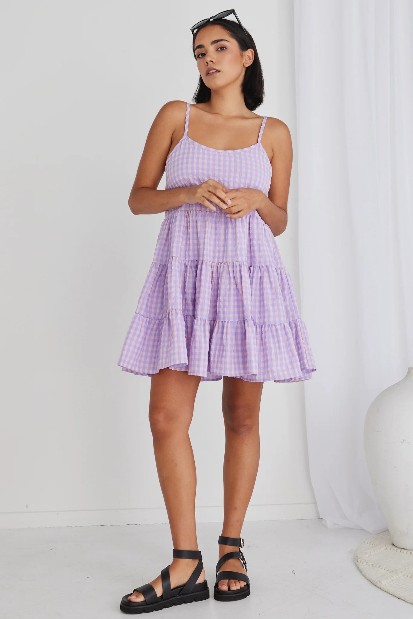 Garden Lilac Gingham Strappy Tiered Empire Mini Dress