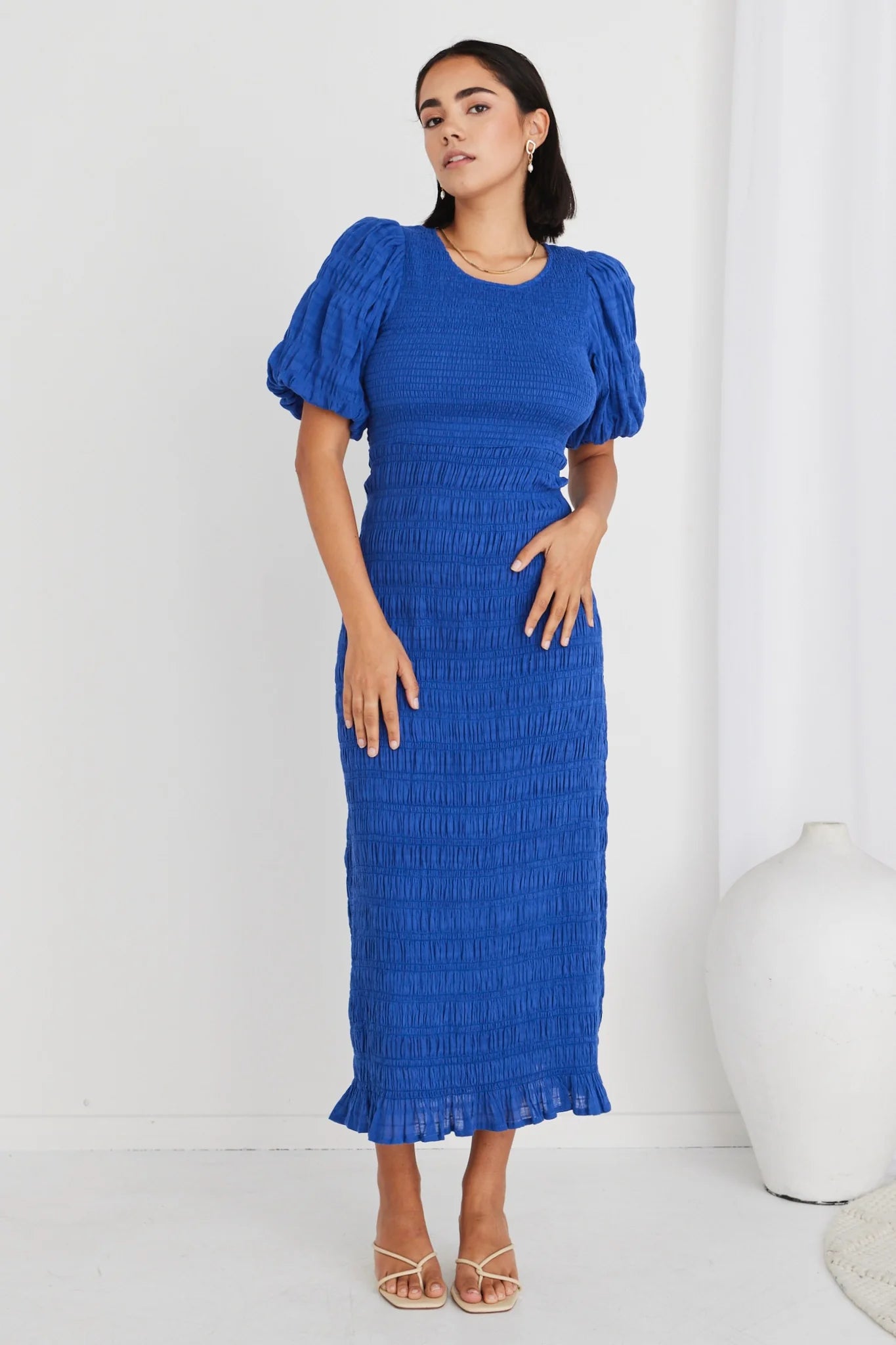 Jade Electric Blue Puff Sleeve Ruched Maxi Dress