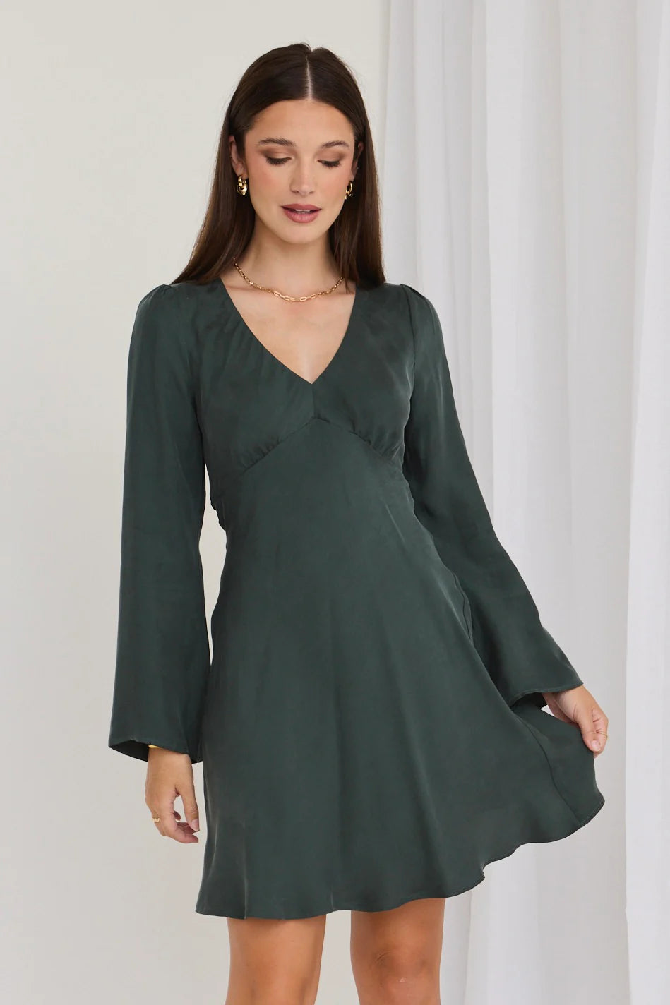 Solstice Forest Cupro Blend Long Sleeve Mini Dress