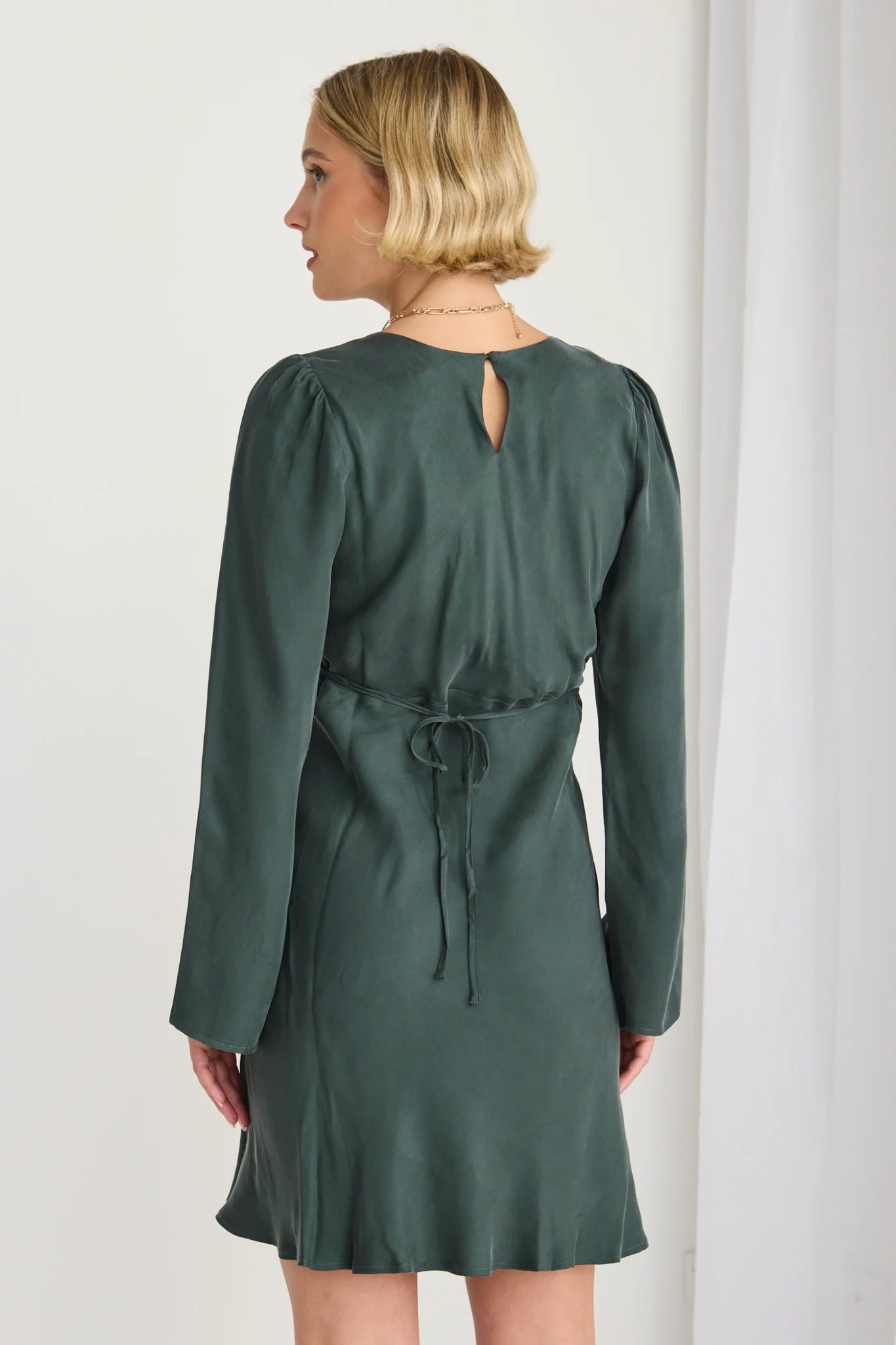 Solstice Forest Cupro Blend Long Sleeve Mini Dress