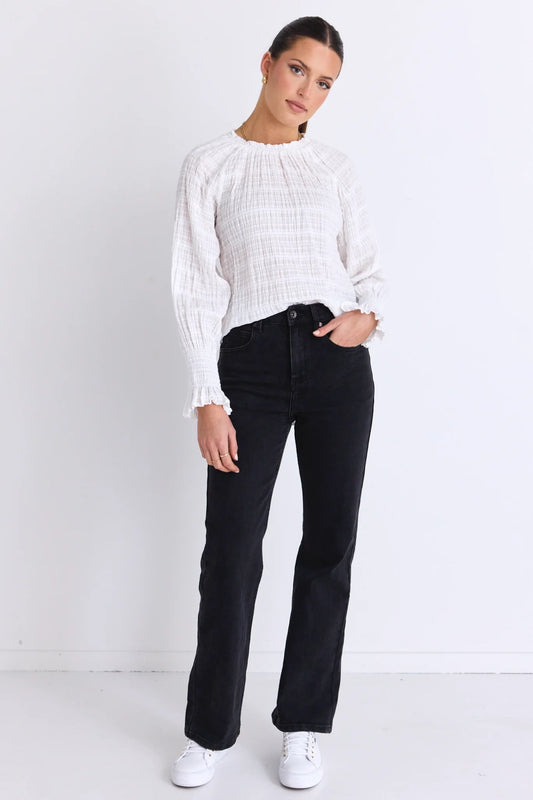 Sonnet White Shirred Cotton High Neck Top