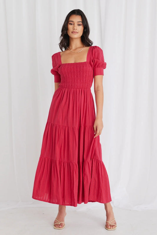 Tillie Raspberry Shirred Bodice Maxi Dress