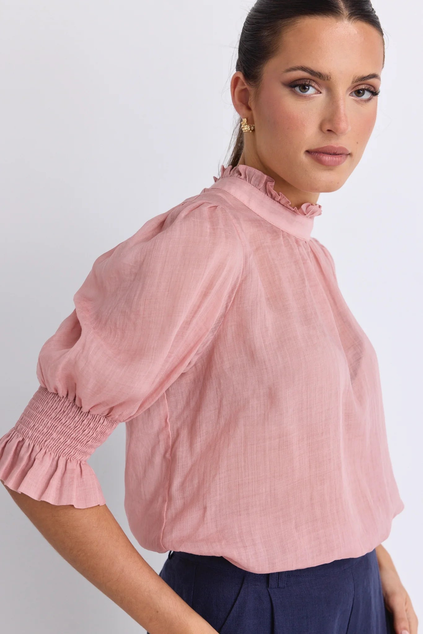 Verse Blush Pink Sheer High Neck Short Sleeve Top