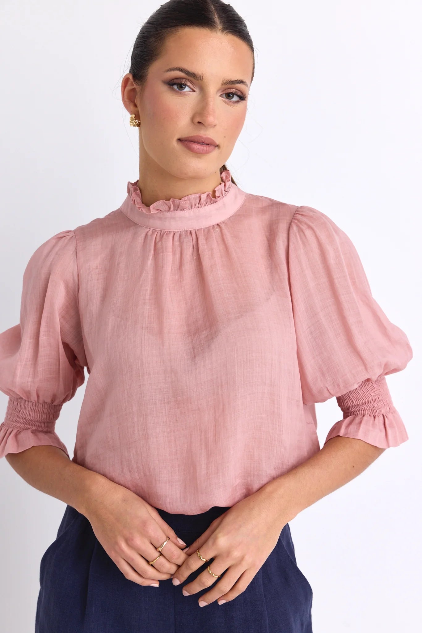 Verse Blush Pink Sheer High Neck Short Sleeve Top