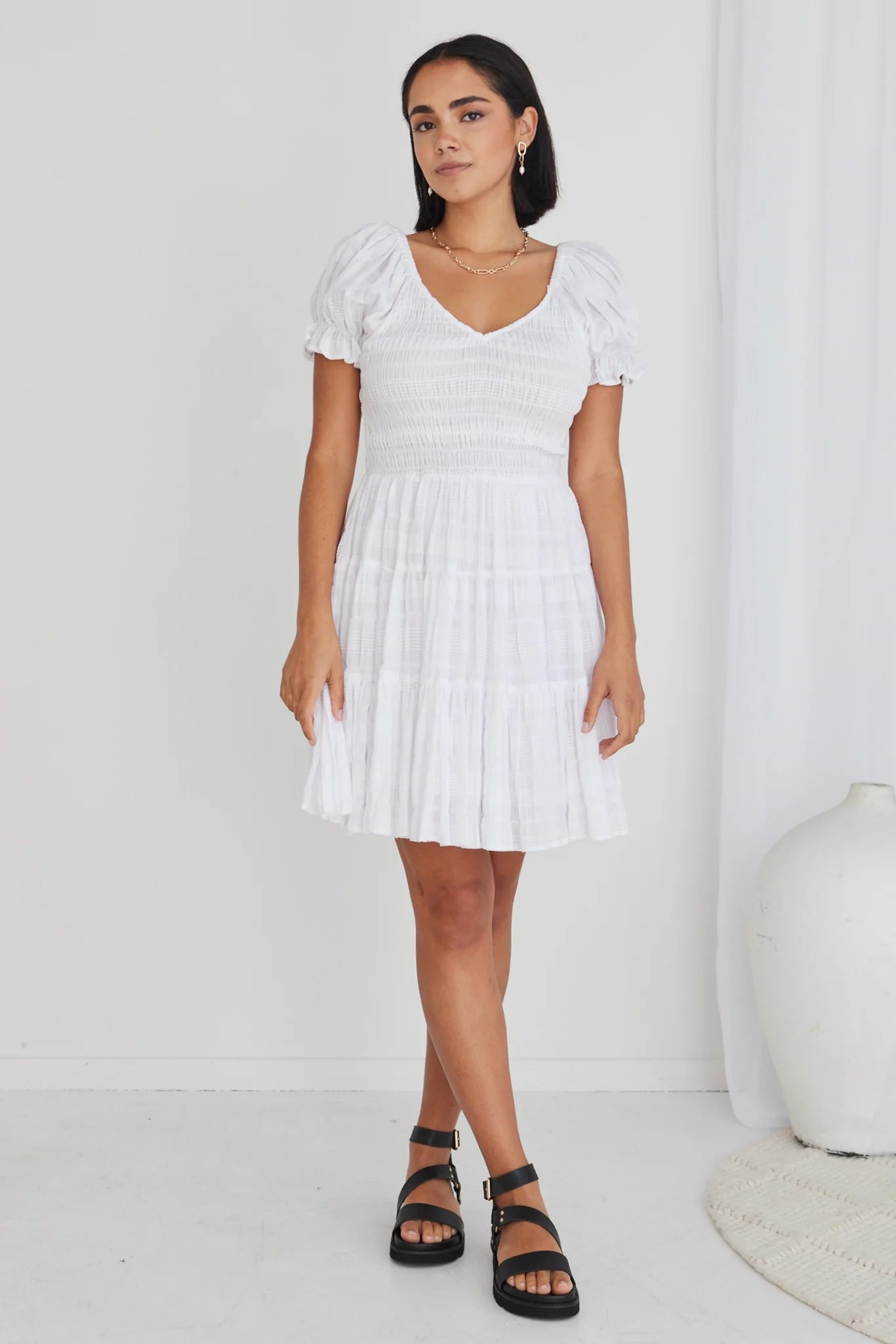 Heidi White Shirred Cotton V Neck Shirred Bodice Mini Dress