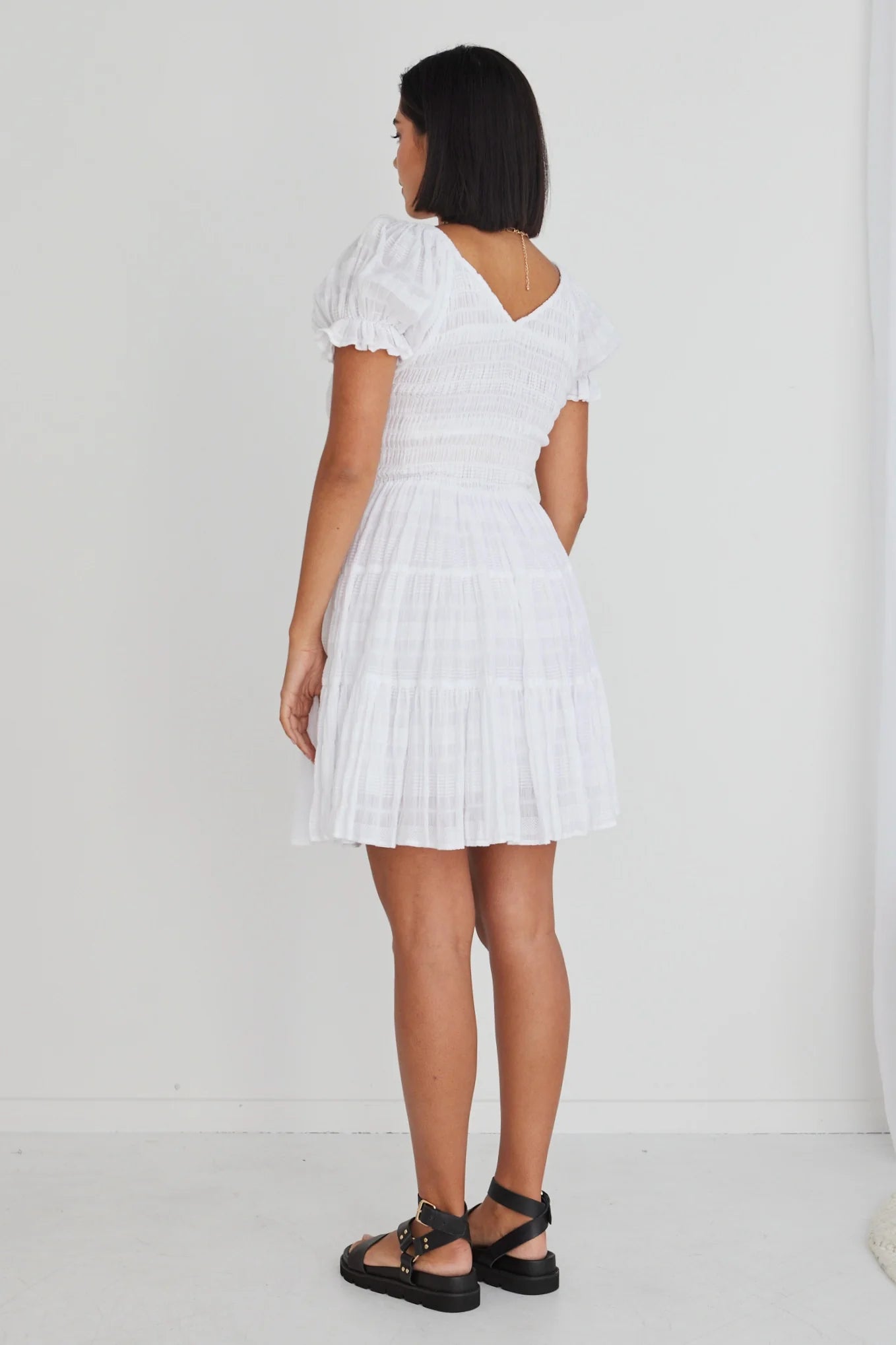Heidi White Shirred Cotton V Neck Shirred Bodice Mini Dress